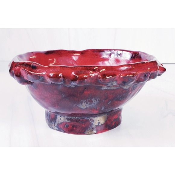 Small Red & Metallic Gunmetal  Handmade Studio Pottery Trinket Decorative Bowl - Picture 2 of 5